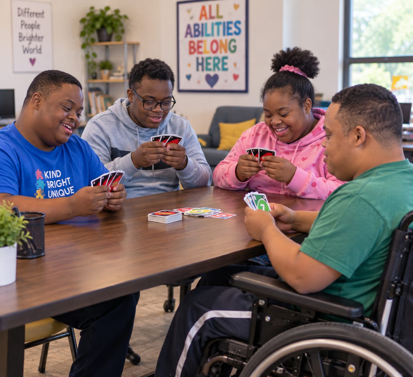 Four people around a wooden table playing a card game and laughing together.