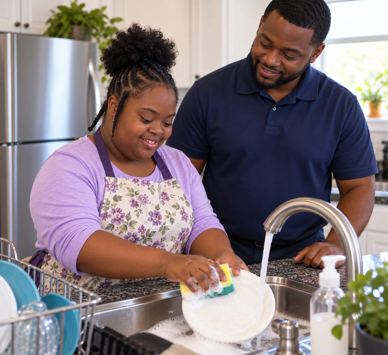 A woman washing dishes in her kitchen while a support professional stands beside her, smiling.