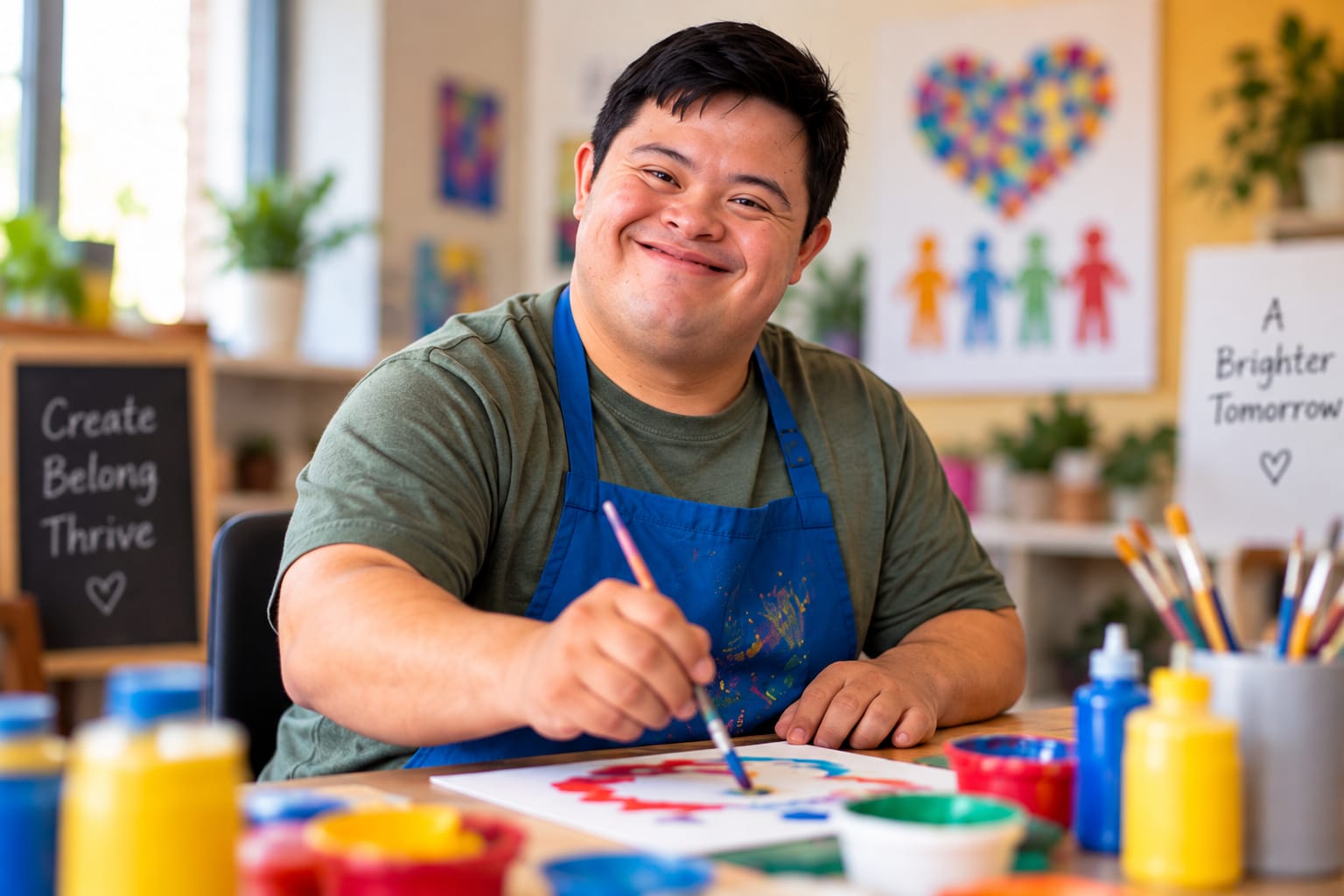 A man in a blue apron smiling while painting at an art table.