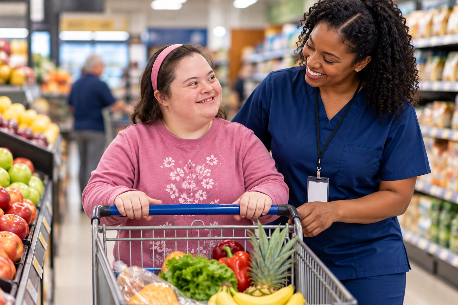 A woman and her direct support professional smiling at each other while grocery shopping together.